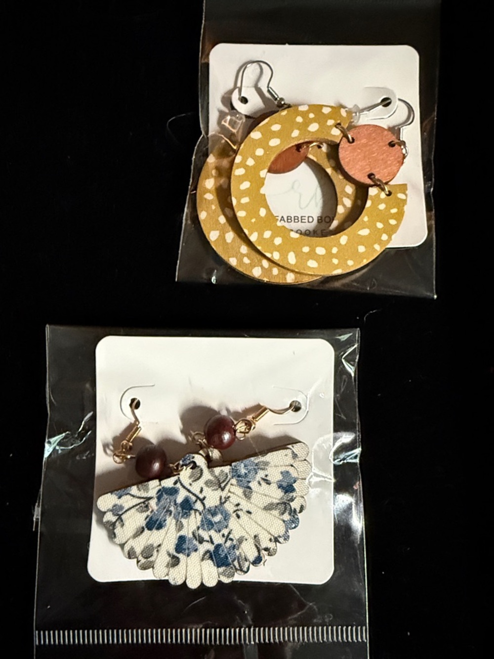 Wooden earrings. Yellow Polka Dot Hoop  & White/Blue  Fan Style Earrings